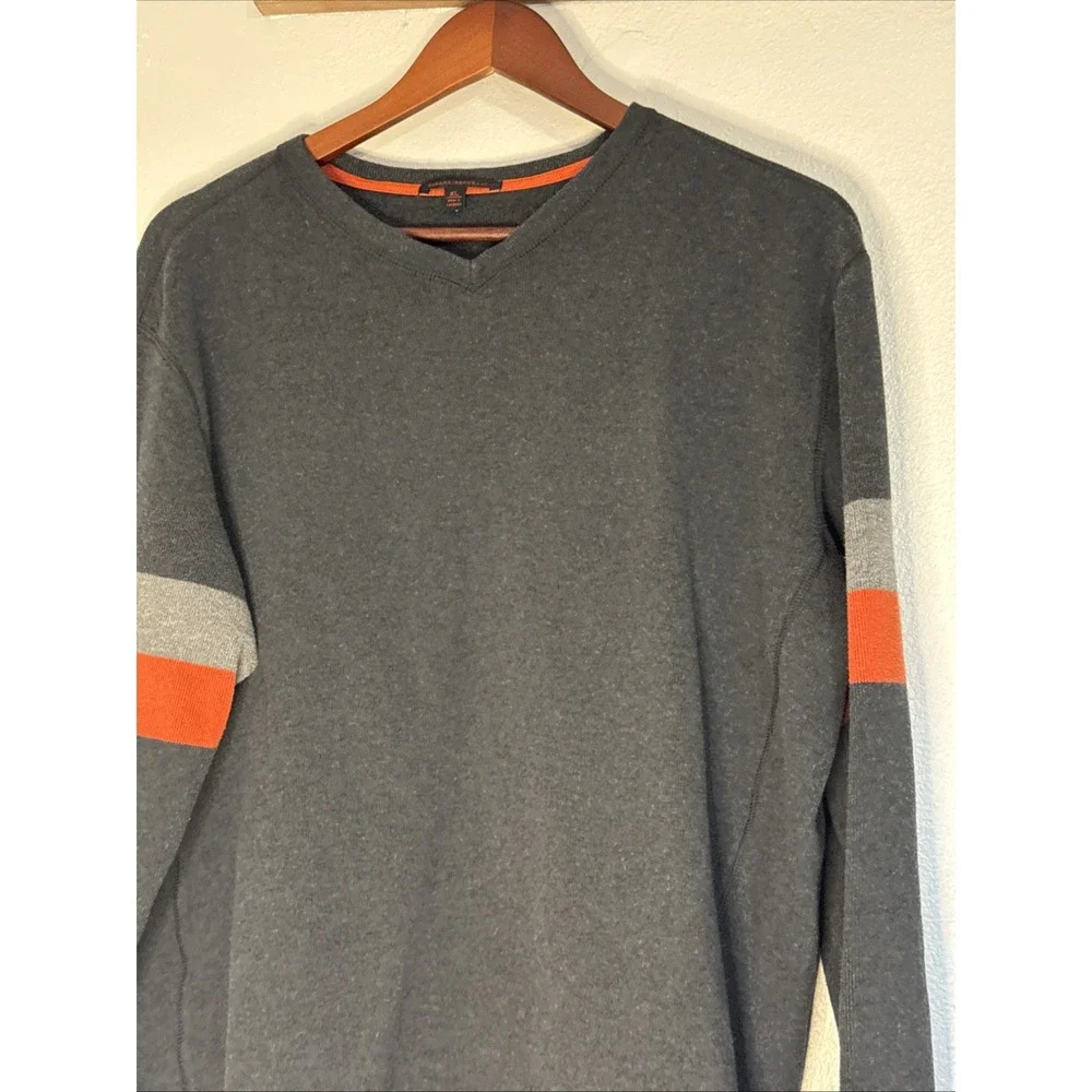 Banana Republic Sweater V-Neck Gray With Orange Accents All Cotton Men's Size XL